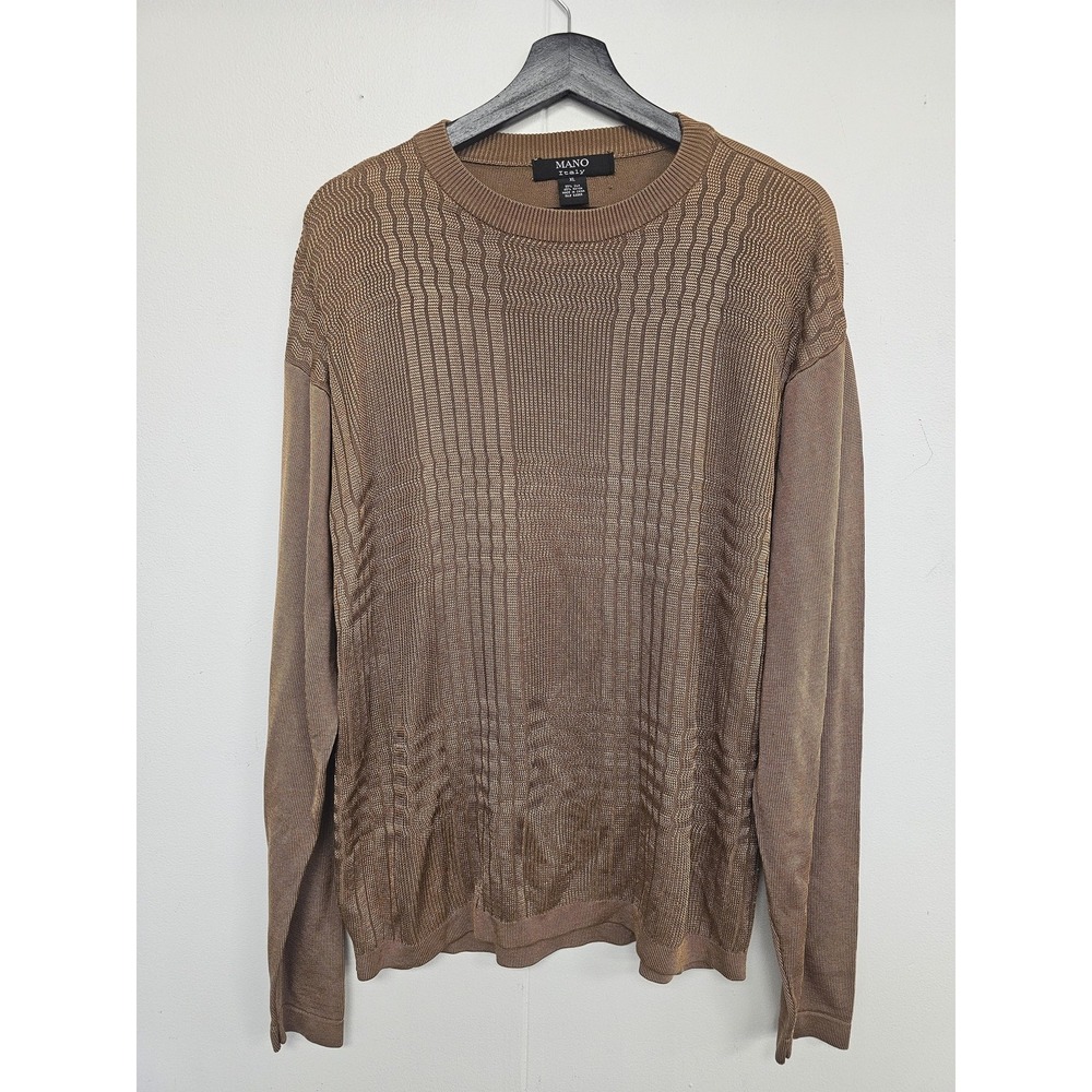 MANO Italy Sweater Mens XL Brown Silk‎ Rayon Knit Textured Crewneck Pullover